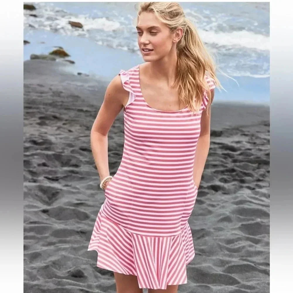 Tommy Bahama Breaker Bay Stripe Flounce Coral Coast Dress Size XS (Fits large)